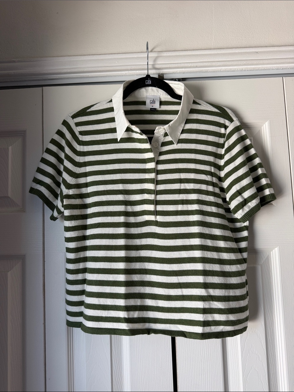 CAbi #6840 Polo Pullover Olive Green & White Striped Button-Down Spring 26
